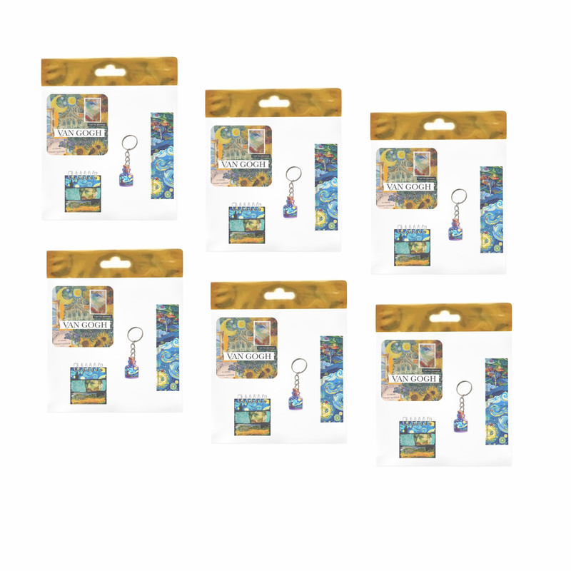 بسته لوازم تحریر مدل 4 تکه چوبی طرح ونگوگ کد 3 مجموعه 6 عددی