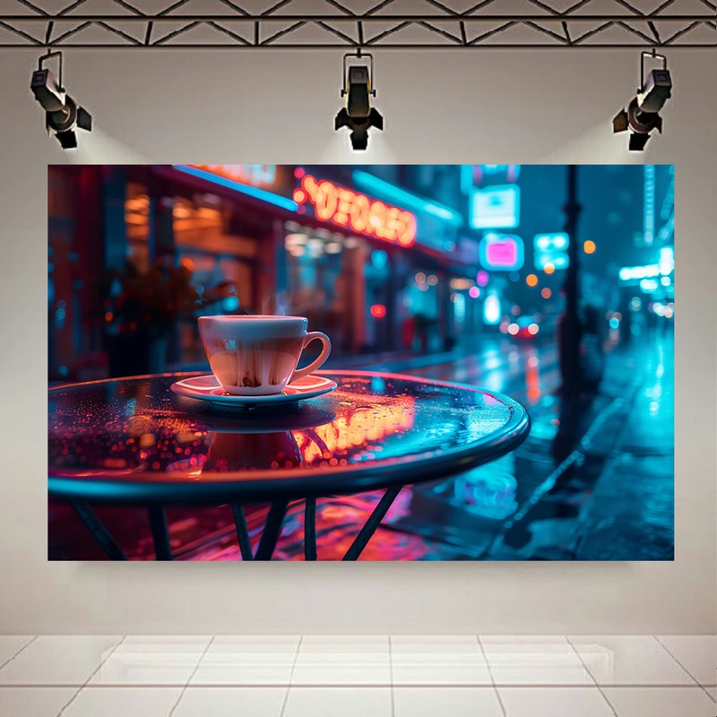 تابلو بوم طرح نئونی شب بارانی مدل فنجان قهوه کد AR305045