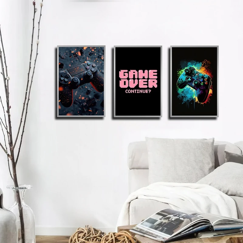 تابلو بکلیت طرح دسته بازی پلی استیشن مدل SI-4197 رنگ فریم نقره ای مجموعه 3 عددی