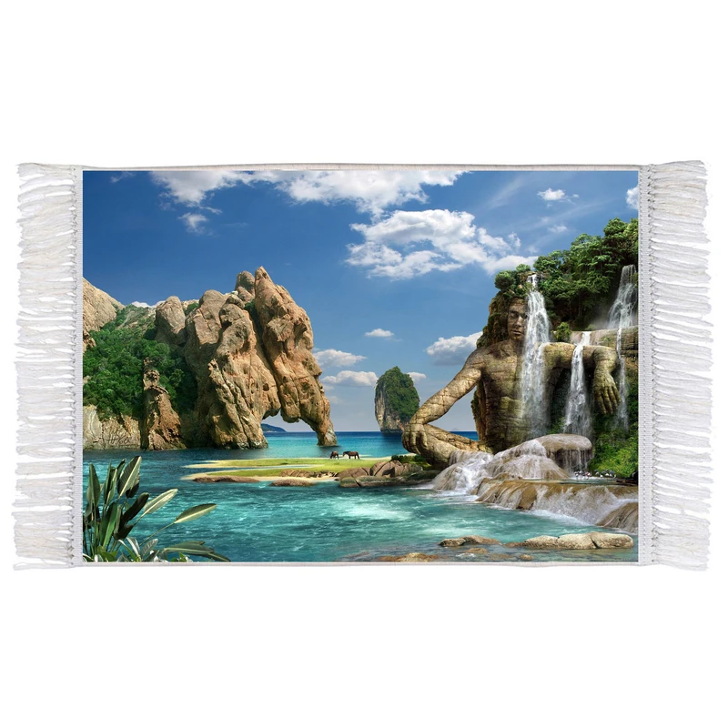 فرش ماشینی دیوارکوب اطلس آبی مدل منظره ساحلی صخره ای مرد و فیل مدل T1238