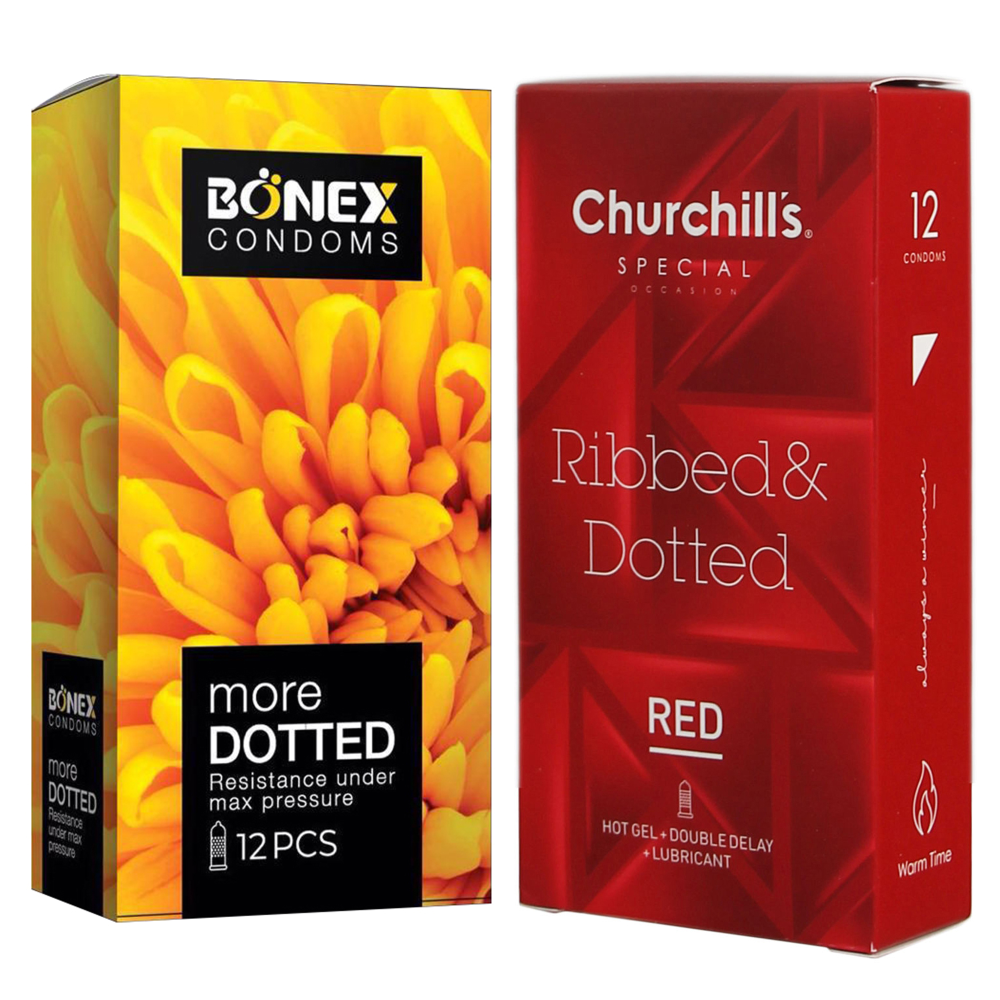 کاندوم چرچیلز مدل Ribbed & Dotted Red بسته 12 عددی به همراه کاندوم بونکس مدل More Dotted بسته 12 عددی 