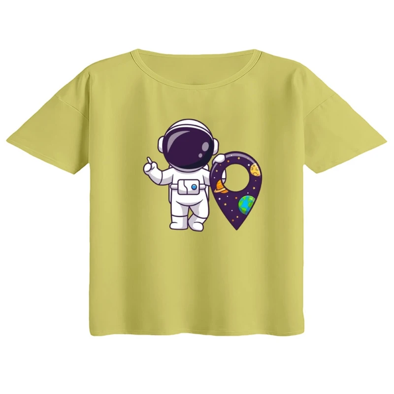 کراپ تی‌شرت آستین کوتاه زنانه مدل فضانورد کد ۸ رنگ لیمویی