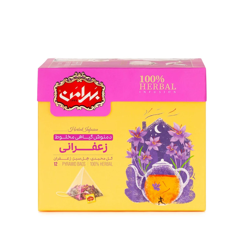 دمنوش زعفرانی کیسه هرمی بهرامن بسته 12 عددی