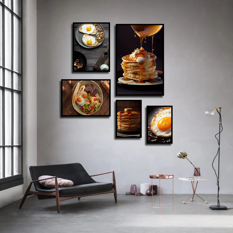 تابلو بکلیت طرح صبحانه ایرانی نیمرو و کافه و پنکیک مدل B-3672 فریم مشکی مجموعه 5 عددی