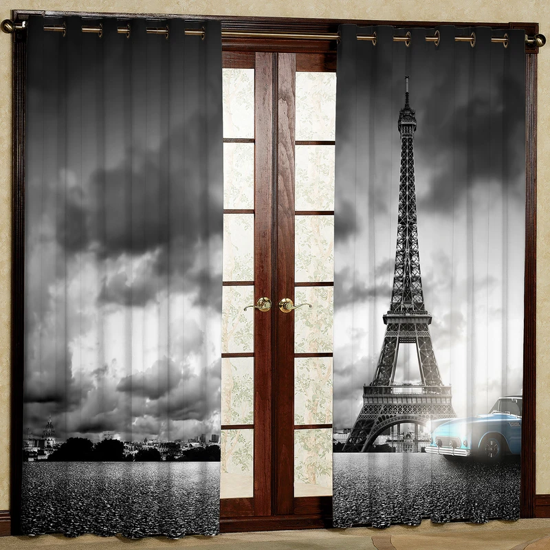  پرده مدل برج و ماشین آبی هازان پانچی کد 4480 سایز 140x200 سانتی متر