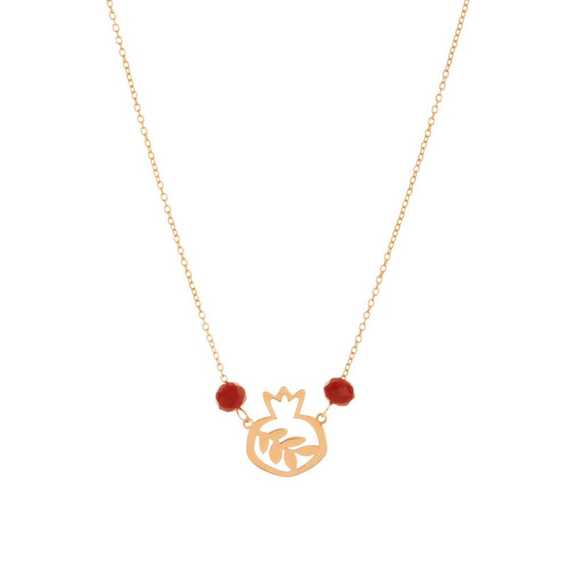 گردنبند طلا 18 عیار زنانه با طرح حلقهای (فلامینگو) گالری قو طلایی مدل انار و برگ و سنگ قرمز