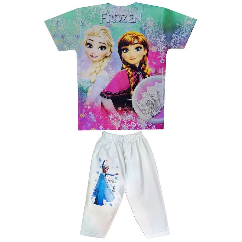 ست تی شرت آستین کوتاه و شلوارک دخترانه مدل السا و آنا کد XK20