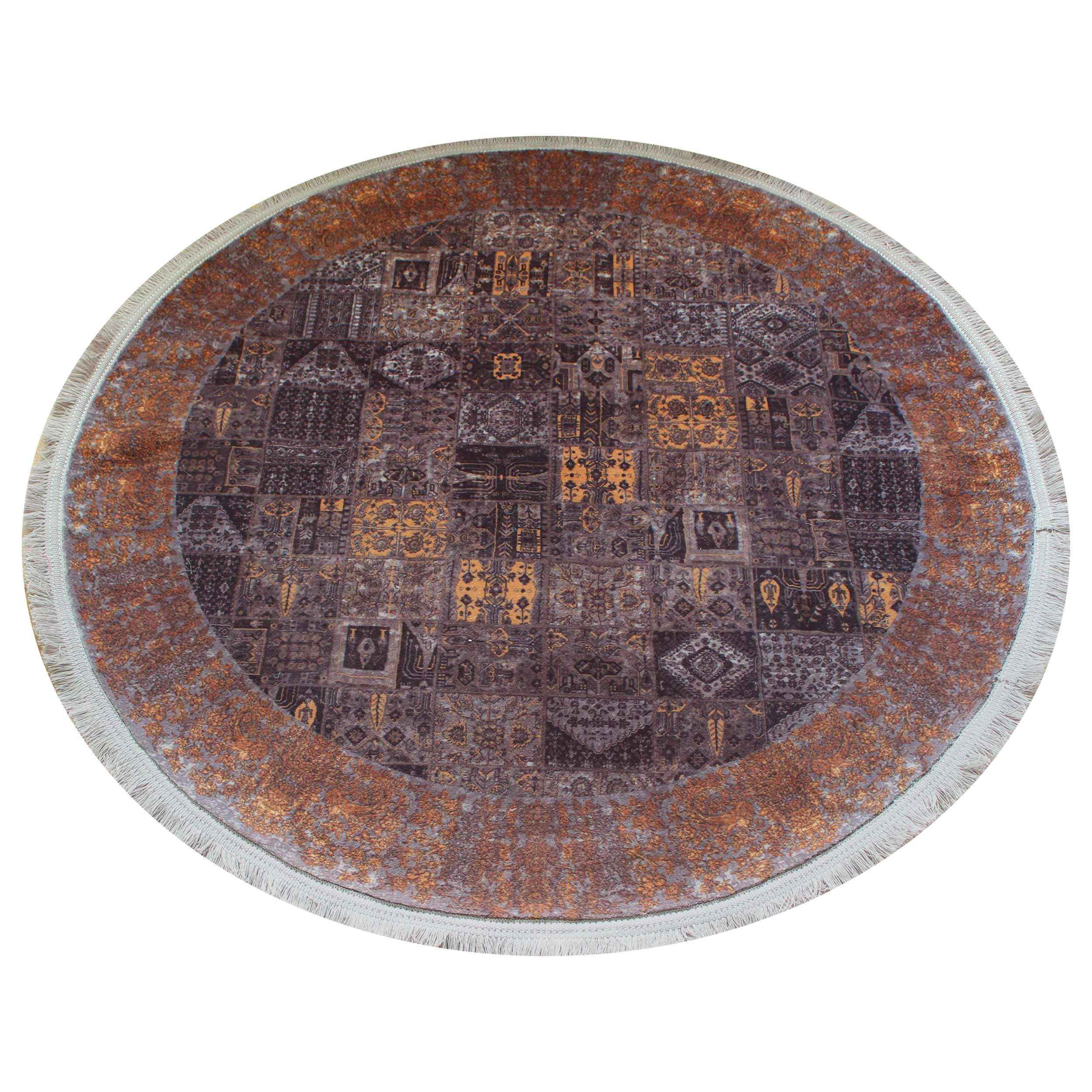 فرش ماشینی مدل گرد طرح الکسندریت زمینه قهوه ای