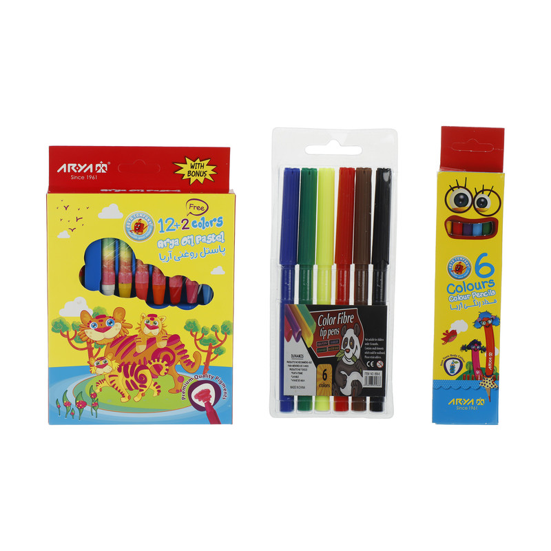 مداد رنگی 6 رنگ آریا کد 7 به همراه ماژیک رنگ آمیزی و پاستل