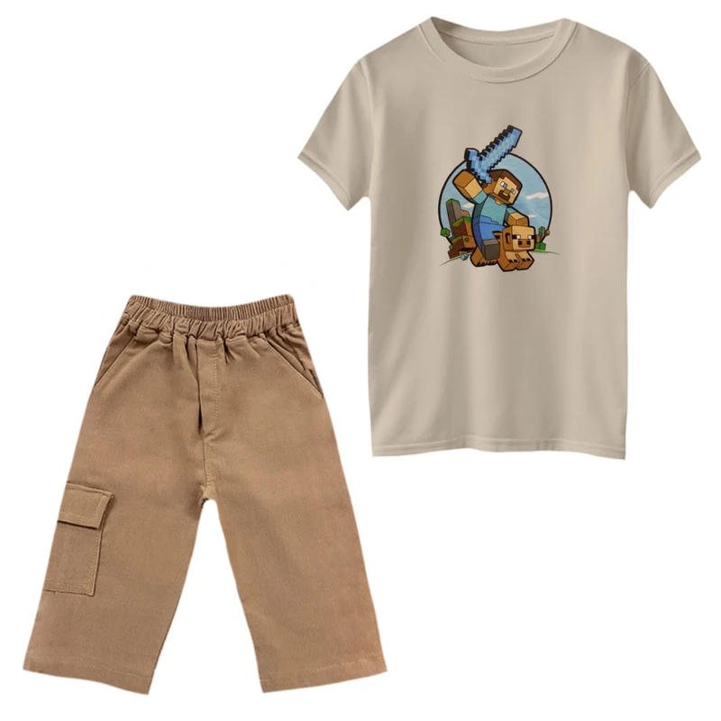ست تی‌شرت و شلوارک پسرانه مدل ماینکرفت کد 14 رنگ کرم