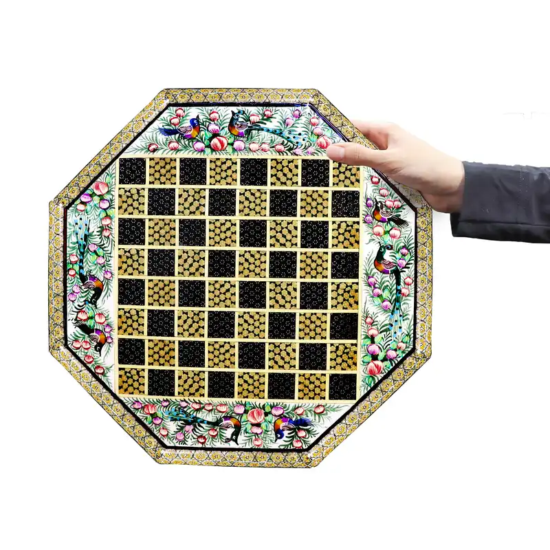 صفحه شطرنج خاتم کاری مدل 8 ضلعی طرح گل و مرغ برجسته کد Octagonal36Gr