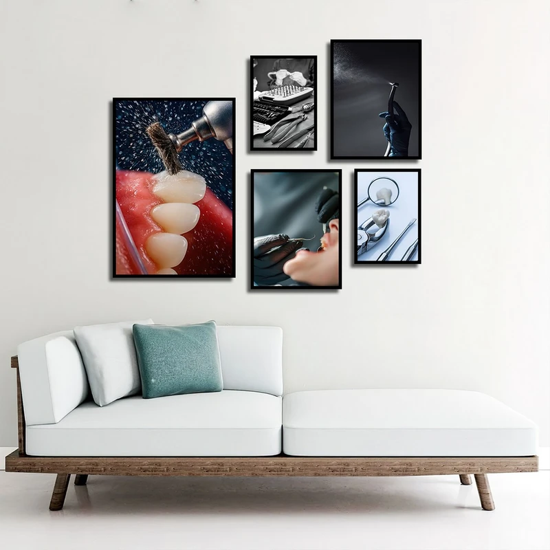 تابلو بکلیت طرح دندان و دندانپزشکی مدل B-3894 فریم مشکی مجموعه 5 عددی