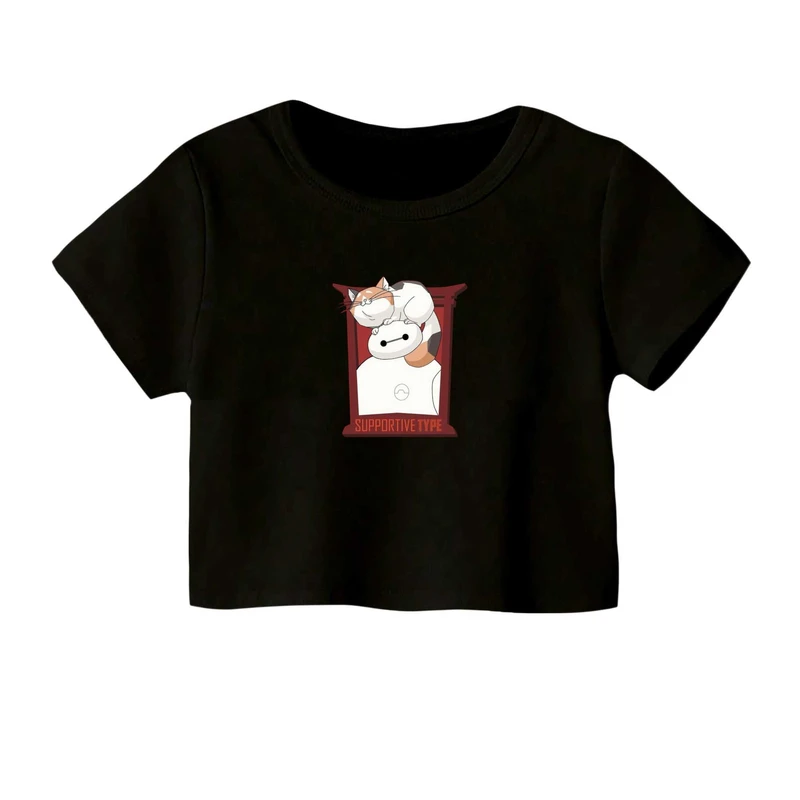 کراپ‌ تی‌شرت آستین کوتاه زنانه مدل بیمکس و گربه