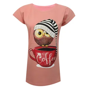 تی شرت آستین کوتاه زنانه مدل نخی ویسکوز چاپی جغد کلاهدار کد tm-2156 