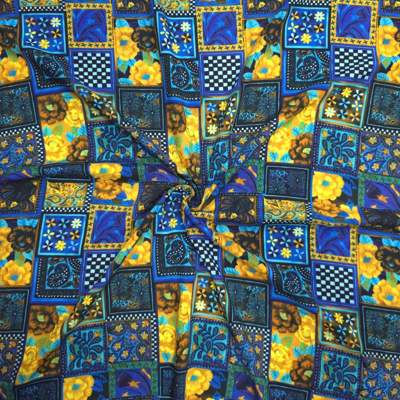 پارچه لباس عرض 1.5 متر مدل نخی هندی چهارخونه گلدار رنگ آبی تیره