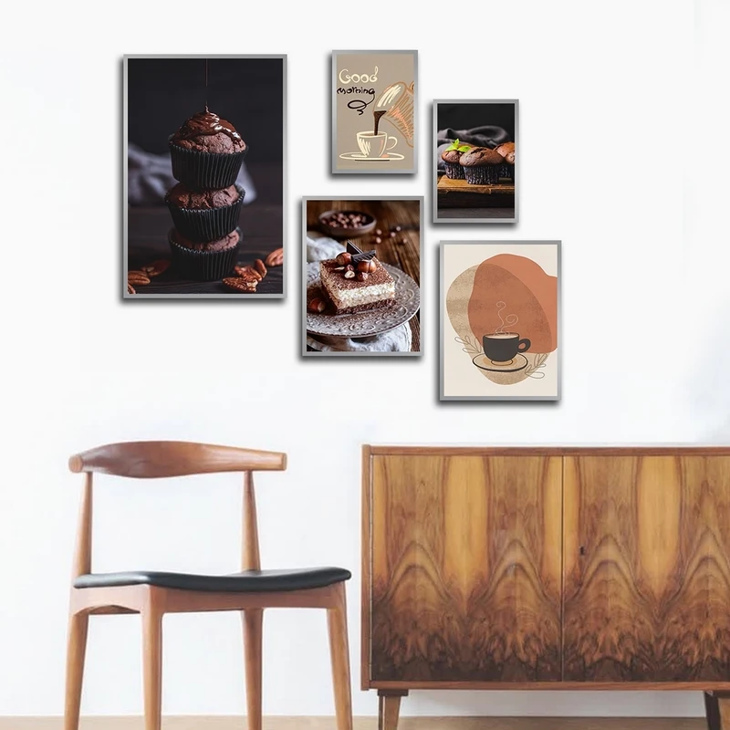 تابلو ساده بکلیت طرح کافه و کیک یزدی و شیرینی مدل شاین اکلیلی SI-2622 فریم نقره ای مجموعه 5 عددی