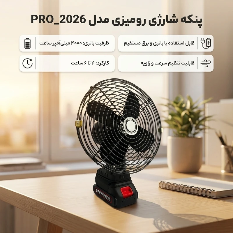 عکس شماره 2 : پنکه شارژی رومیزی مدل pro_2026 ظرفیت 4000 میلی آمپر ساعت