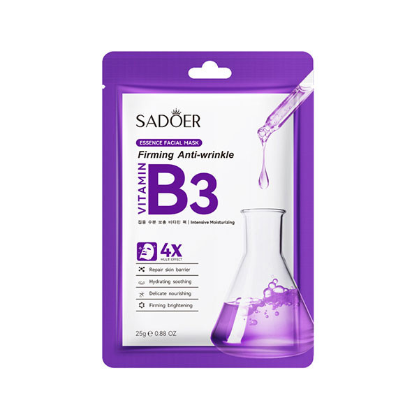ماسک صورت ورقه‌ای سادور مدل ویتامین B3 حجم 25 گرم، آبرسان، ضد چروک، روشن‌کننده، شاداب‌کننده، مناسب انواع پوست