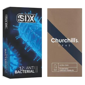 کاندوم چرچیلز مدل Ultra Thin Double Delay بسته 12 عددی به همراه کاندوم سیکس مدل آنتی باکتریال بسته 12 عددی 