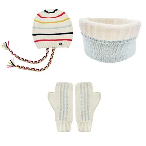 ست کلاه و شال گردن و ساق دست بافتنی بچگانه تارتن مدل 65024 رنگ کرم