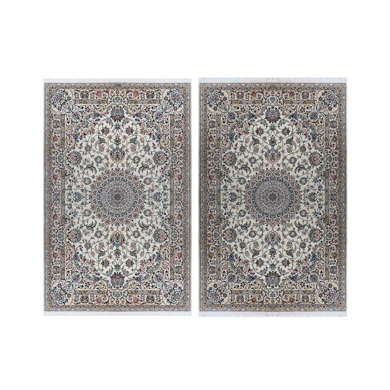 فرش دستبافت ۶ متری مدل لچک و ترنج نایین ۹لا کد 1032 - 1031 زمینه کرم مجموعه ۲ عددی