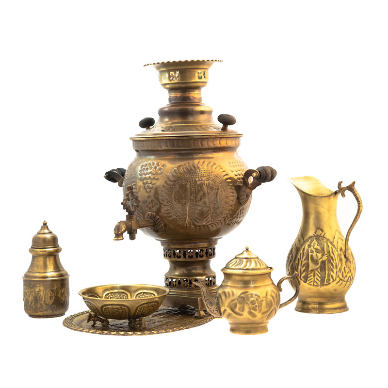 سرویس سماور ذغالی 6 پارچه برنجی کد 41789