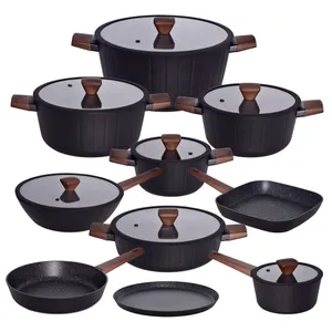 سرویس قابلمه و تابه 17 پارچه گرانیتی گری پن مدل دسته چوبی