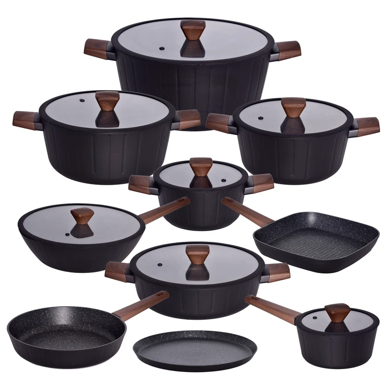 سرویس قابلمه و تابه 17 پارچه گرانیتی گری پن مدل دسته چوبی