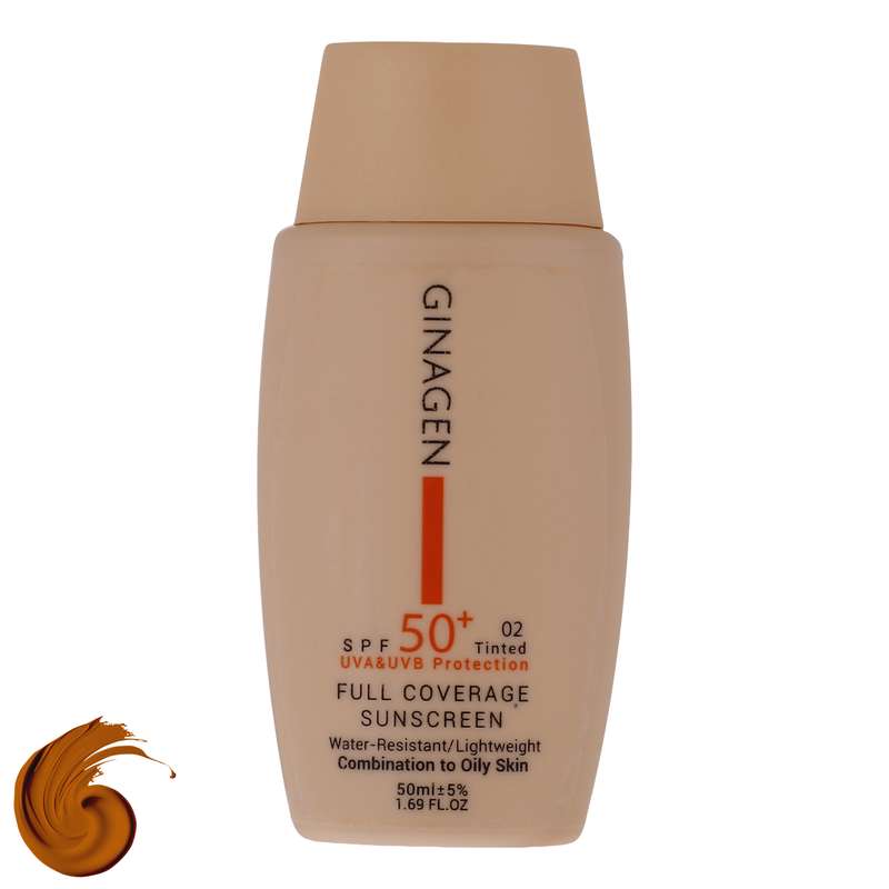 کرم ضد آفتاب رنگی ژیناژن SPF50 مدل 02 محافظ UVA ،UVB، ضد آب، مناسب پوست چرب حجم 50 میلی‌لیتر