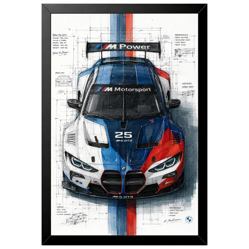 تابلو بکلیت طرح ماشین و خودرو بی ام و BMW M4 GT3 مدل B-az1004 فریم مشکی