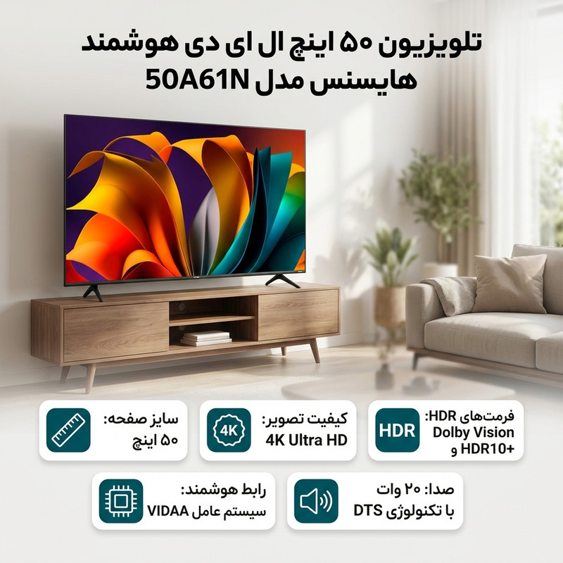 تلویزیون 50 اینچ ال ای دی هوشمند هایسنس مدل 50A61N