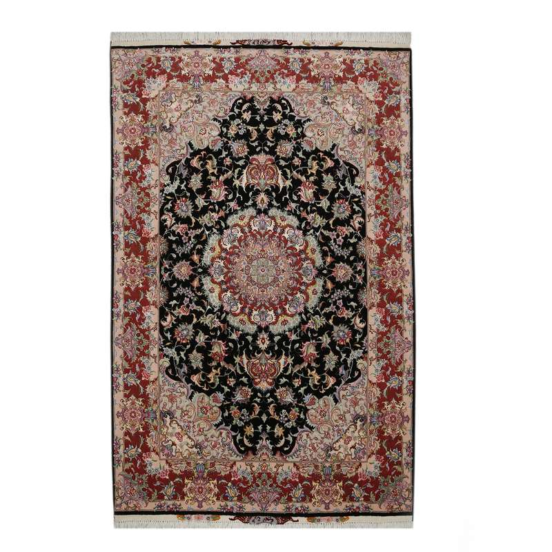 فرش دستباف زرع و نیم طرح نقش علیا مدل کتیبه ای تبریز چله ابریشم کد 8982