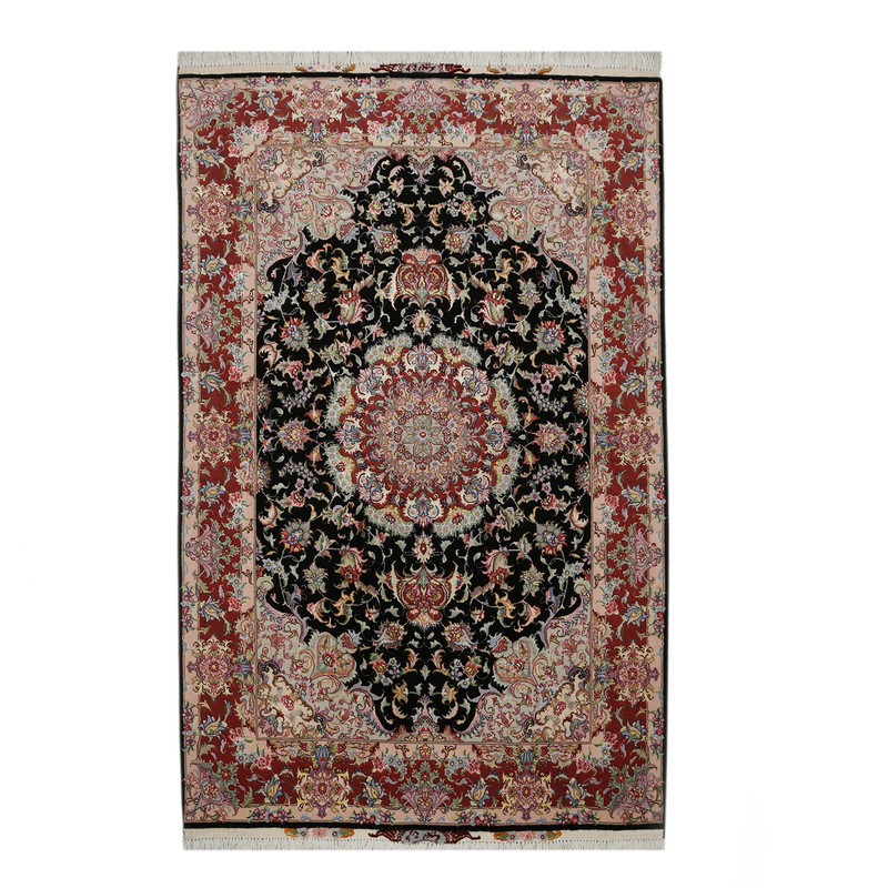 فرش دستباف زرع و نیم طرح نقش علیا مدل کتیبه ای تبریز چله ابریشم کد 8982