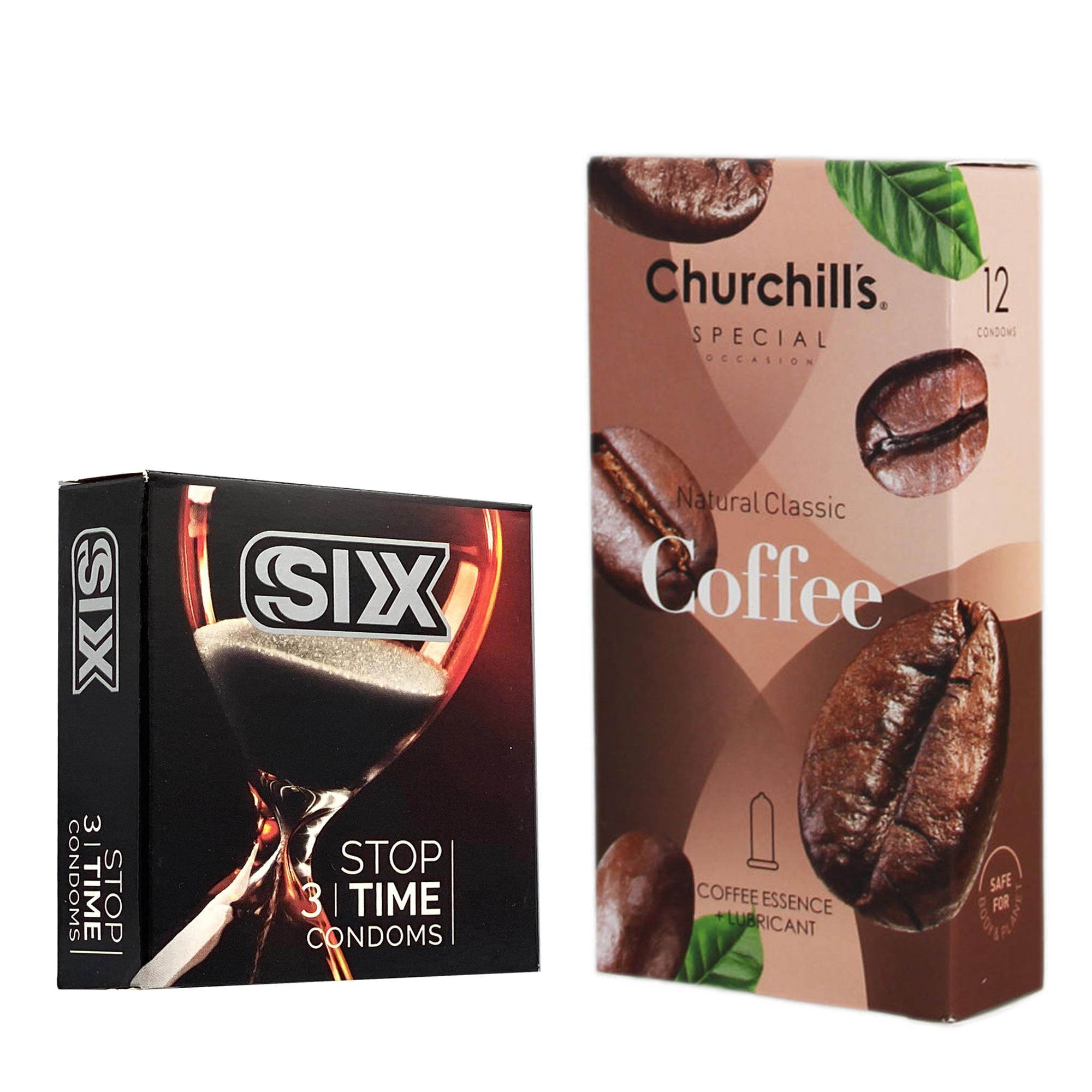 کاندوم چرچیلز مدل Coffee بسته 12 عددی به همراه کاندوم سیکس مدل کلاسیک تاخیری بسته 3 عددی 