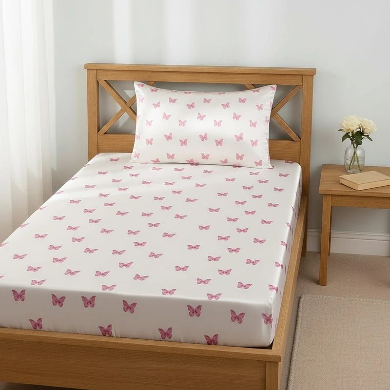 سرویس ملحفه 1 نفر 2 تکه مدل ابریشم دور کشدار طرح پروانه