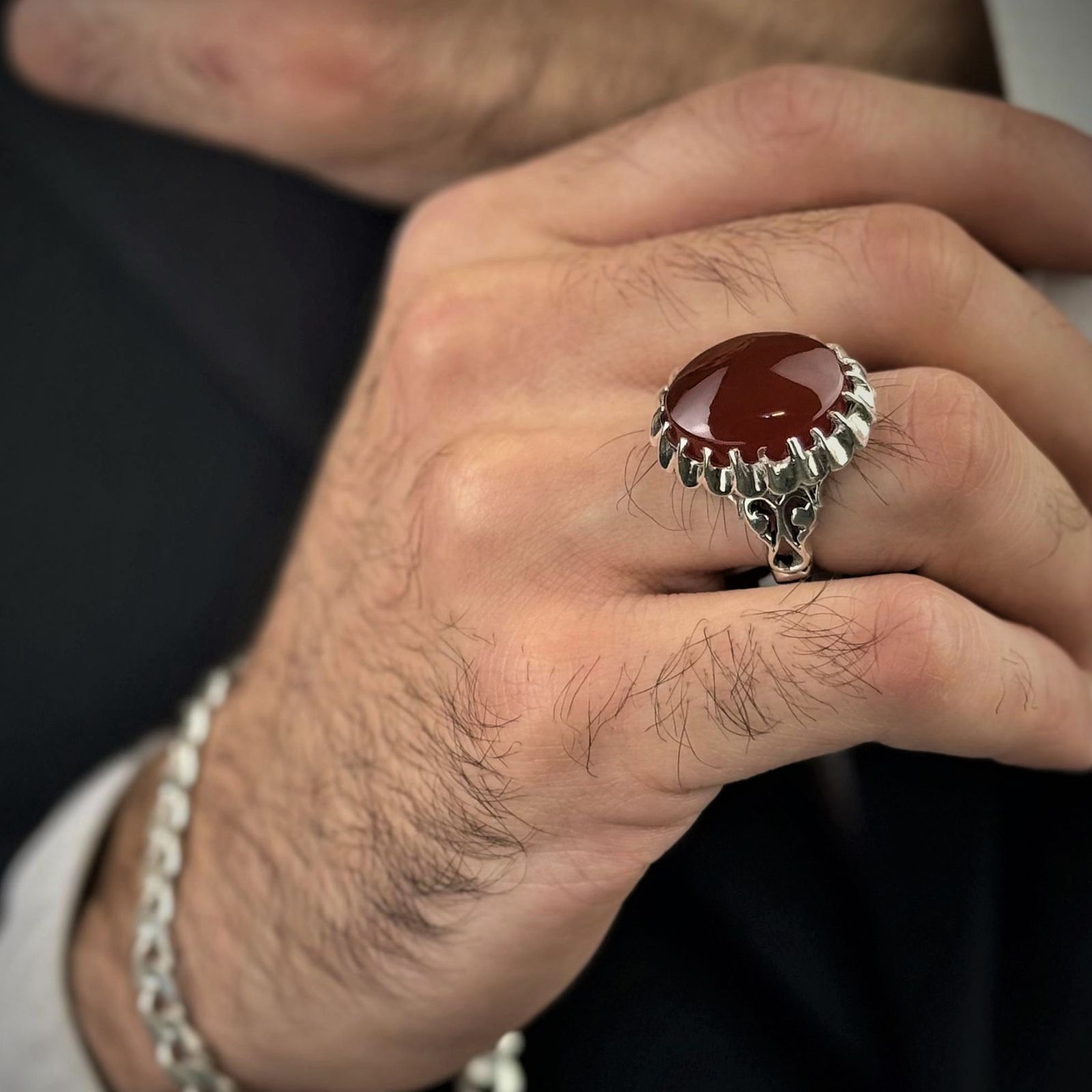 انگشتر نقره مردانه مدل رکاب دست ساز سنگ عقیق سرخ یمانی کلکسیونی کد AM_04343 -  - 2