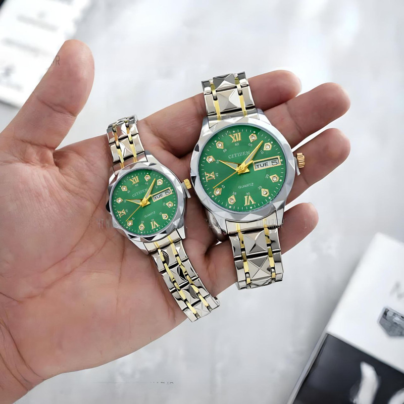 ست ساعت مچی عقربه‌ای زنانه و مردانه مدل کوارتز دو تقویم دی دیت الماسی کد 02