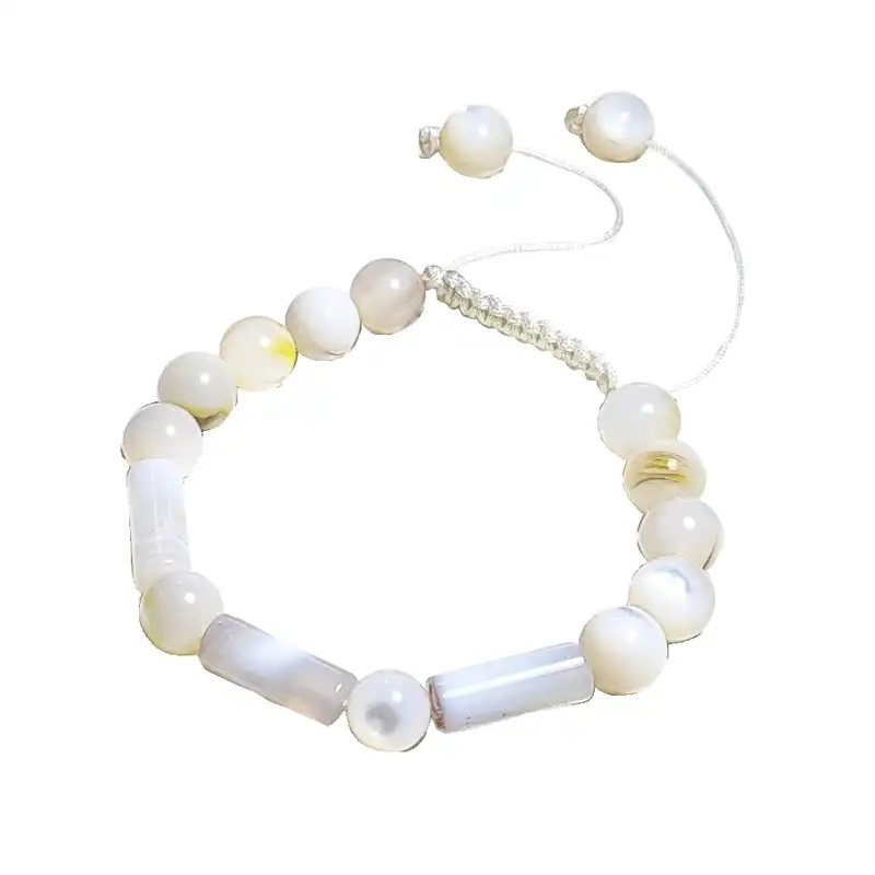 دستبند زنانه مدل مروارید سنگ صدف دریایی و عقیق لوله ای