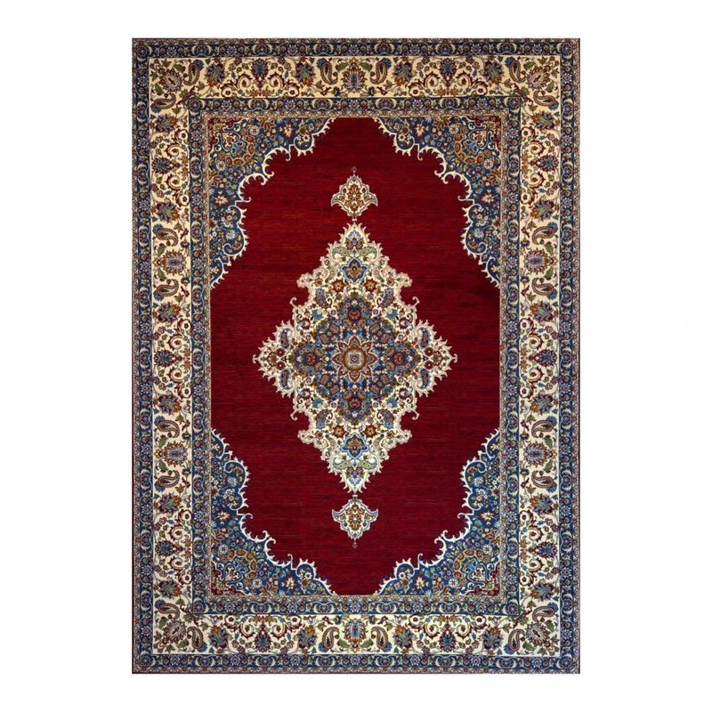 فرش ماشینی 700 شانه زمینه لاکی حاشیه کرم مدل آکرولیک قشقایی کد 121 روناسی