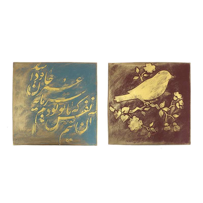 دیوارکوب سفالی دست نگار طرح کاشی مجموعه 2 عددی