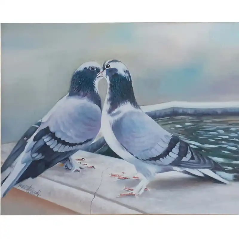 تابلو نقاشی رنگ روغن طرح دو کبوتر کد 00235