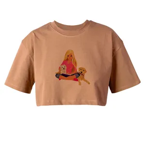 کراپ آستین کوتاه زنانه مدل باربی و سگ ها کد L308 K