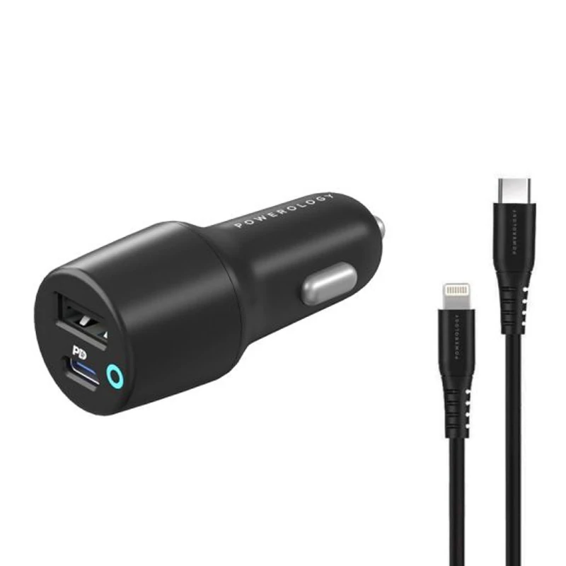 شارژر فندکی 20 وات دو پورت پاورولوجی مدل PCCSR004 به همراه کابل تبدیل USB-C به لایتنینگ