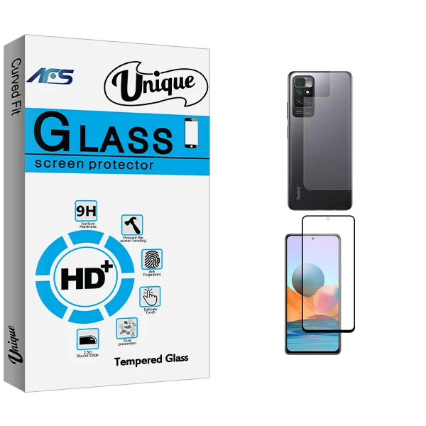 محافظ صفحه نمایش شیشه ای ای اف اس مدل Unique Pro مناسب برای گوشی موبایل شیائومی Redmi Note 11 4G به همراه محافظ پشت گوشی