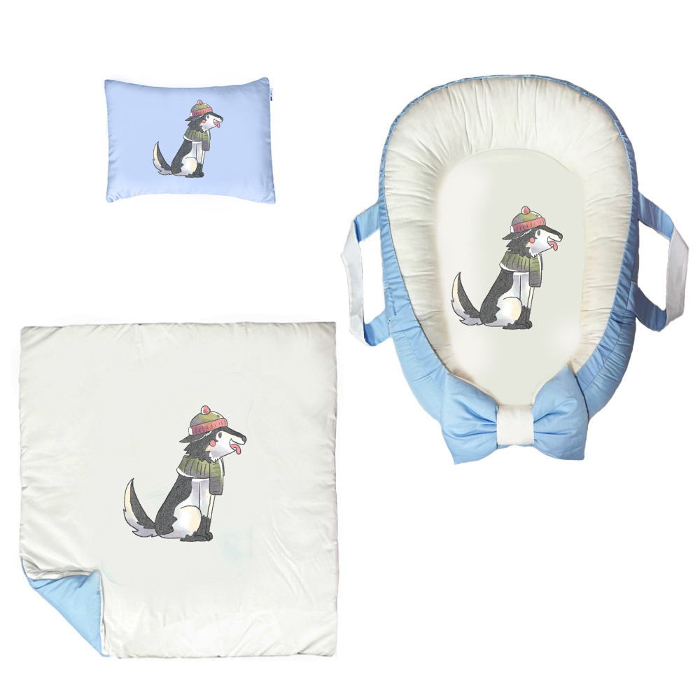 سرویس خواب سه تکه نوزاد مدل گارد محافظ دار طرح فانتزی سگ کلاهدار کد 036