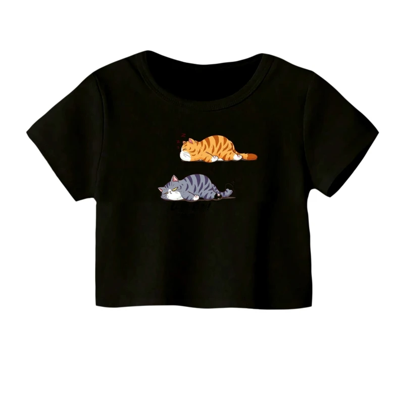 کراپ‌ تی‌شرت آستین کوتاه زنانه مدل گربه خسته