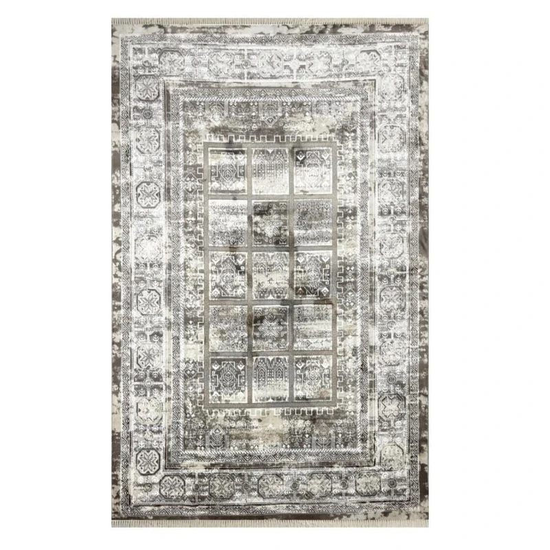 فرش ماشینی 500 شانه زمینه کرم حاشیه نسکافه ای مدل 60190