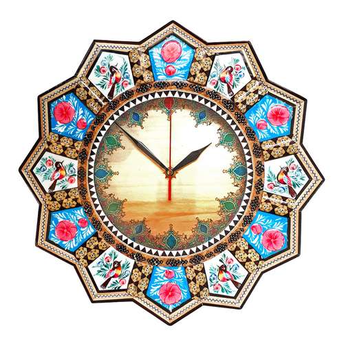 ساعت دیواری خاتم کاری طرح گل و مرغ مدل خورشیدی کد 37