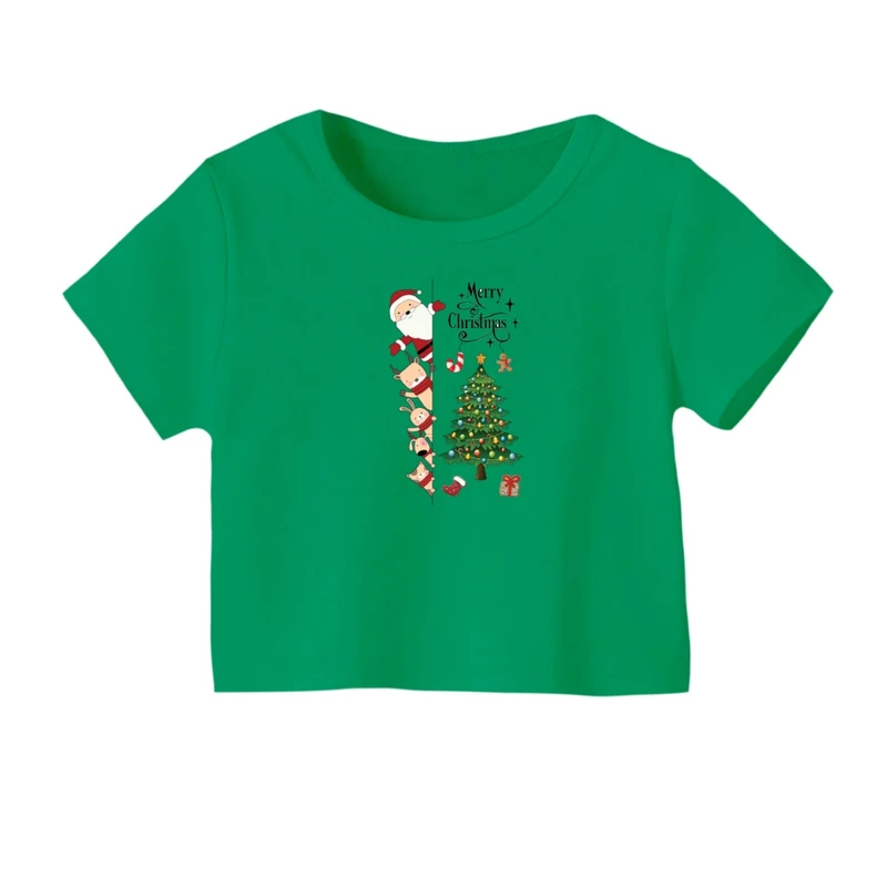 کراپ‌ تی‌شرت آستین کوتاه زنانه مدل بابانوئل و گوزن کریسمس کد 1