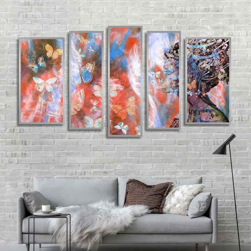 تابلو ساده بکلیت طرح چهره و خطاطی و پروانه مدل شاین اکلیلی SI-2545 فریم نقره ای مجموعه 5 عددی